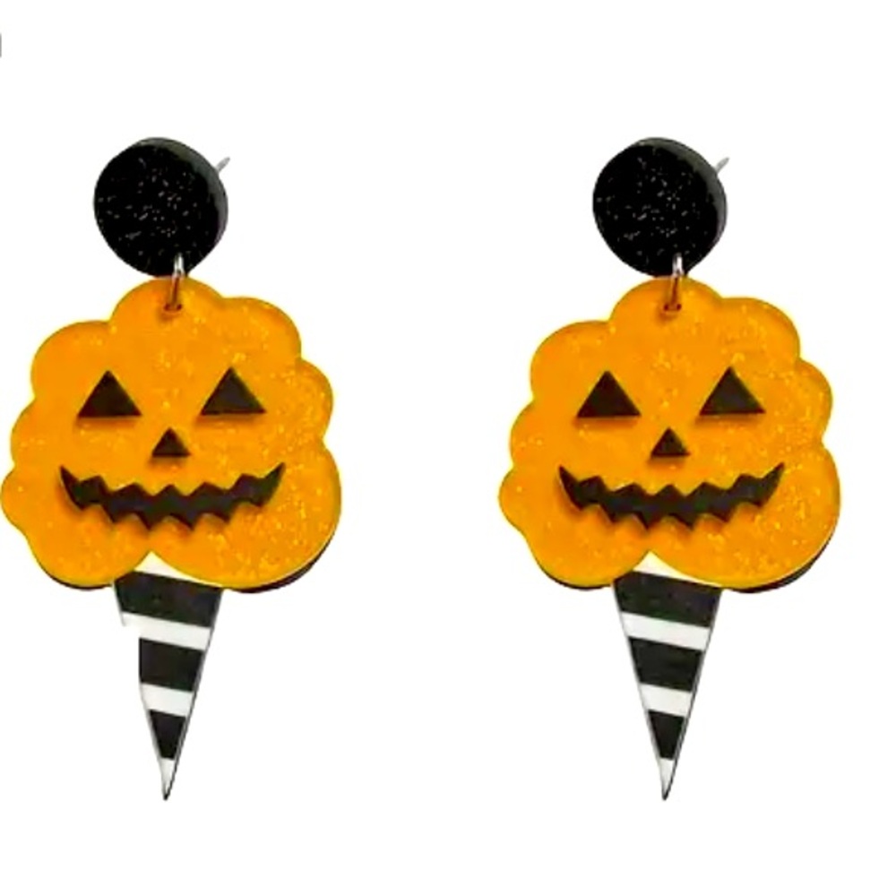 Pair of Acrylic Halloween Jack o Lantern Pumpkin Ice Cream Cone Earrings